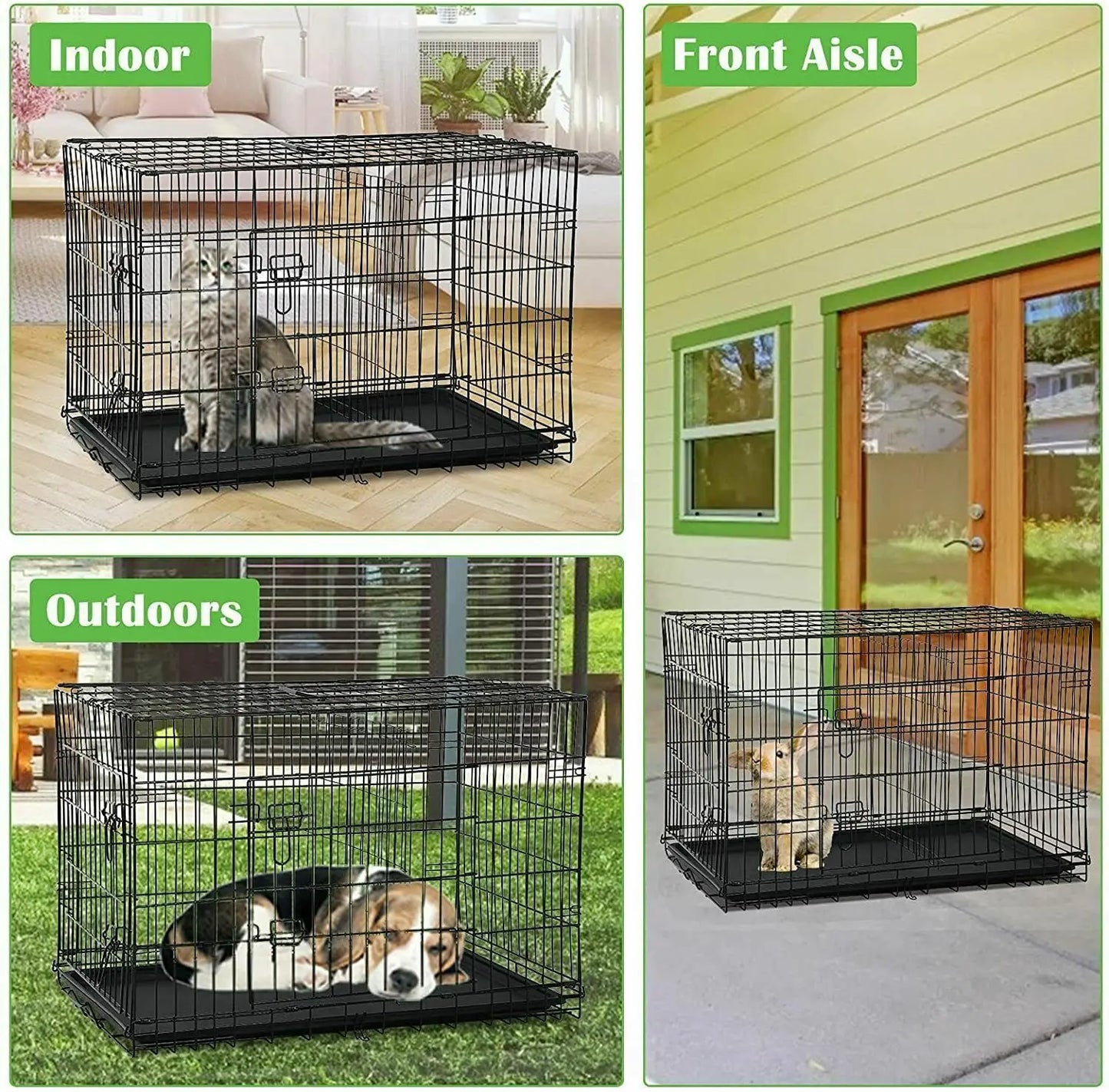 US Waterproof Folding Metal Dog Crate Kennel, Double-Door Cages, W/Tray Pen, 36"