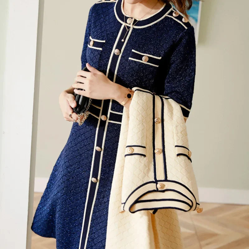 New Gold thread female show thin wool knitting dress a line wearing short sleeves