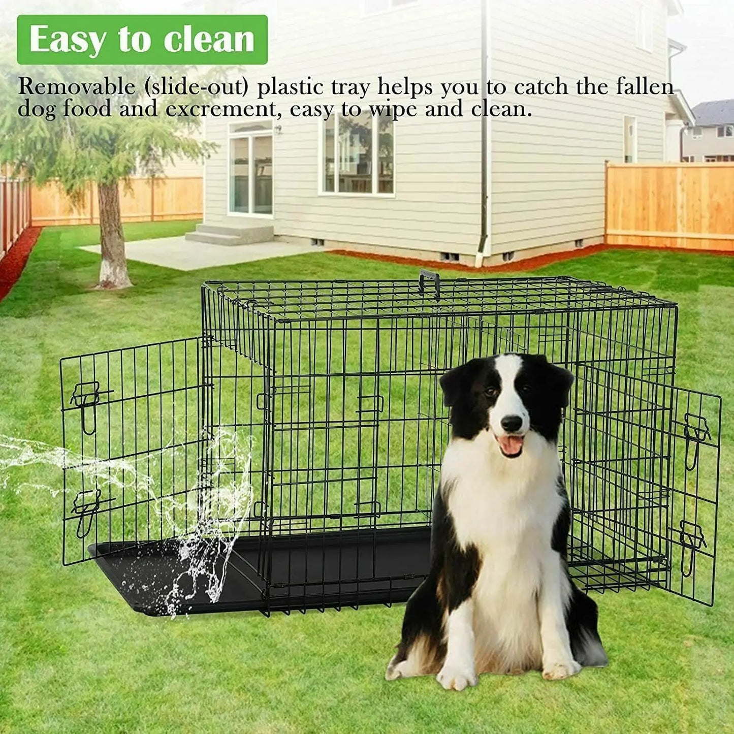 US Waterproof Folding Metal Dog Crate Kennel, Double-Door Cages, W/Tray Pen, 36"