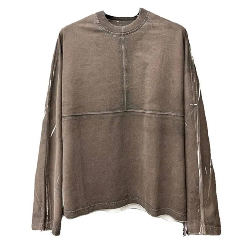 Retro Washed Distressed Loose Long Sleeved T-shirt Men Patchwork Printed Pullover Tees Sweatshirt Top