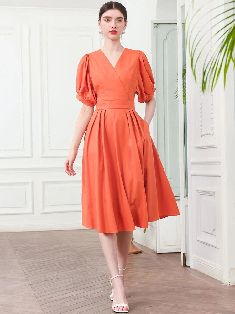 High end dress women's wear summer new French waist cotton linen temperament V-neck umbrella skirt