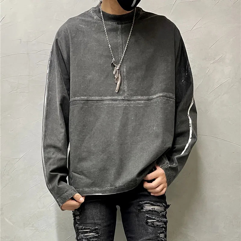 Retro Washed Distressed Loose Long Sleeved T-shirt Men Patchwork Printed Pullover Tees Sweatshirt Top