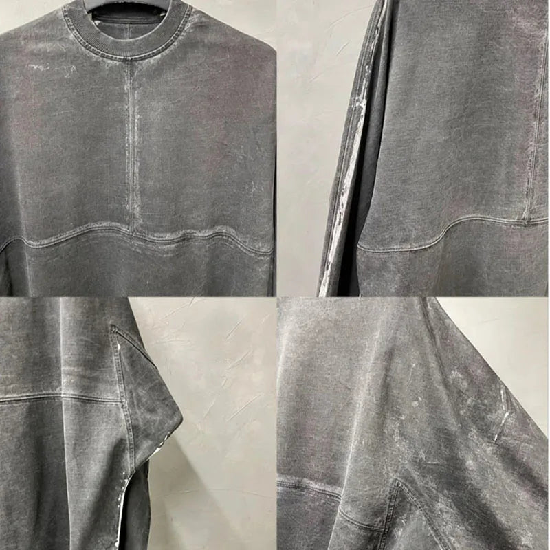Retro Washed Distressed Loose Long Sleeved T-shirt Men Patchwork Printed Pullover Tees Sweatshirt Top