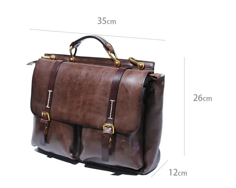 Washed old vegetable tanned cowhide Handbags Men's shoulder messenger bag leather large capacity briefcase 14 inch laptop bags