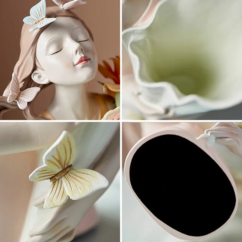 Modern Decorative Artificial Flower Vase  Butterfly Girl Sculptures Interior Home Resin Ornaments Household Decoration Vases Hot