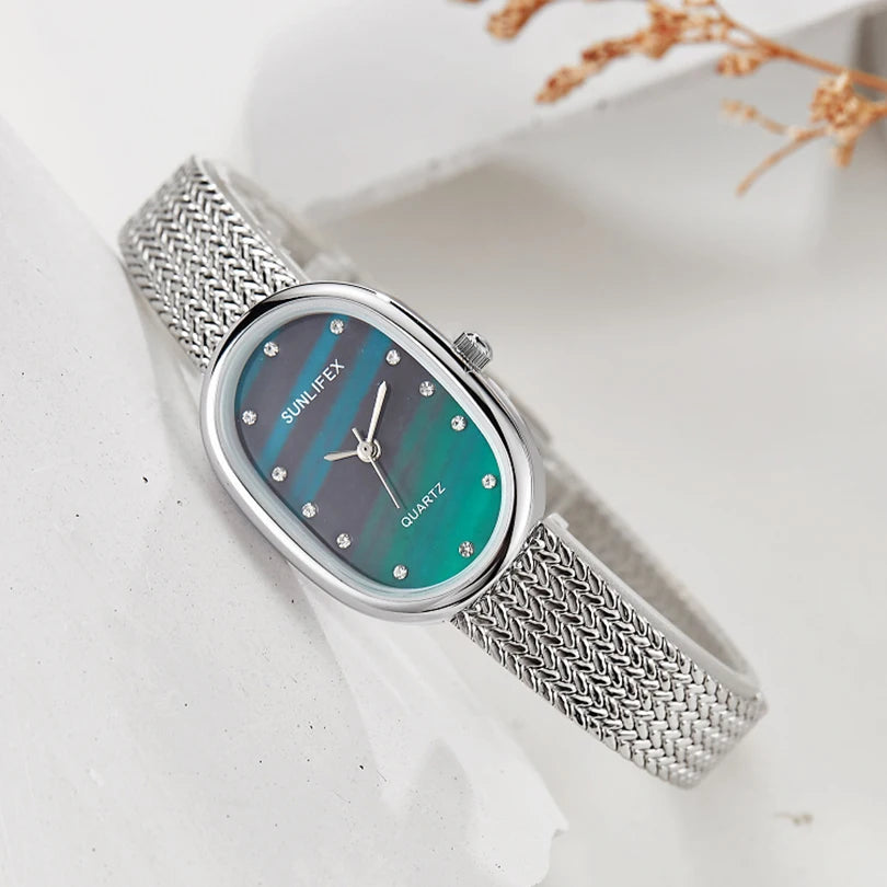 Oval Watch for Women Quartz Wristwatch Luxury Ladies Diamond Ingredient Clock Stainless Steel Blue Sliver Green Dial Retro Reloj