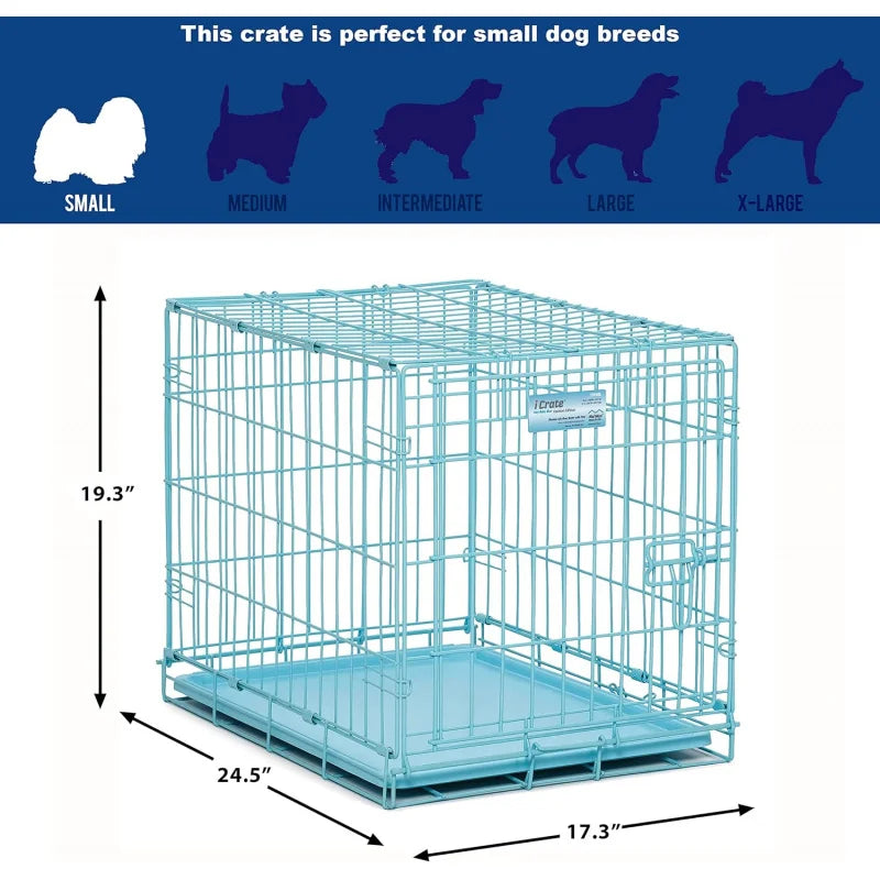 Single Door Blue Folding Metal Dog Crate w/ Divider Panel, Floor Protecting 'Roller' Feet & Leak Proof Plastic Tray