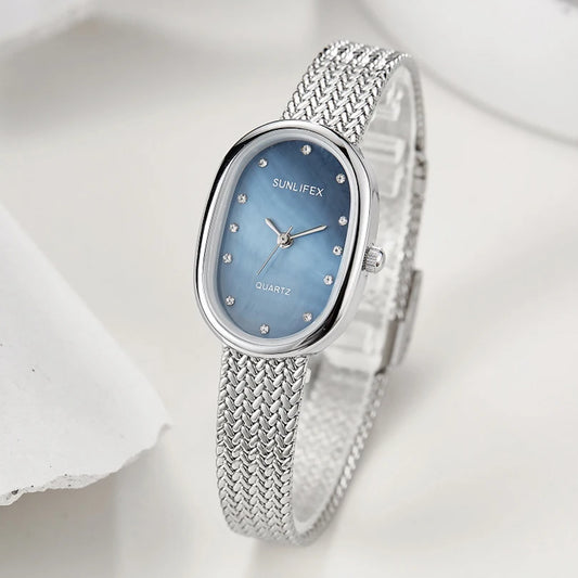 Oval Watch for Women Quartz Wristwatch Luxury Ladies Diamond Ingredient Clock Stainless Steel Blue Sliver Green Dial Retro Reloj