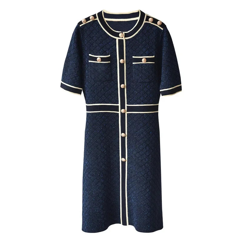 New  Gold thread female  show thin wool knitting dress   a line  wearing short sleeves