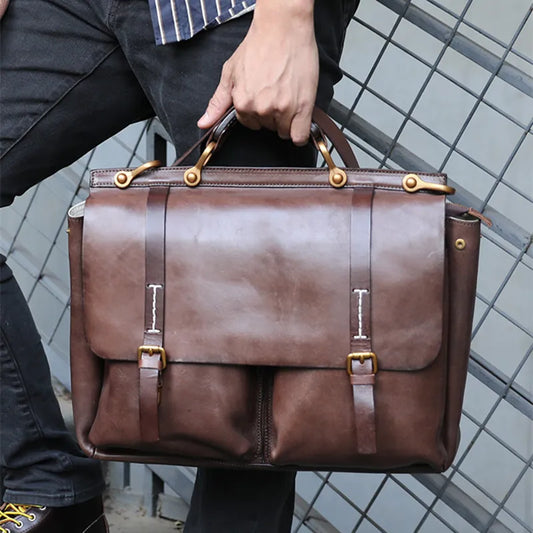 Washed old vegetable tanned cowhide Handbags Men's shoulder messenger bag leather large capacity briefcase 14 inch laptop bags