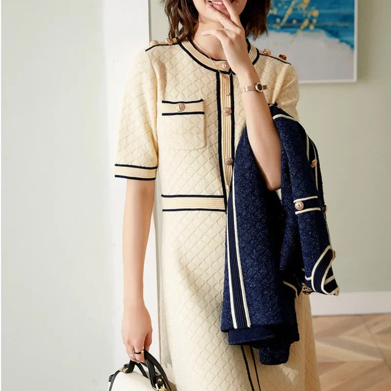 New  Gold thread female  show thin wool knitting dress   a line  wearing short sleeves