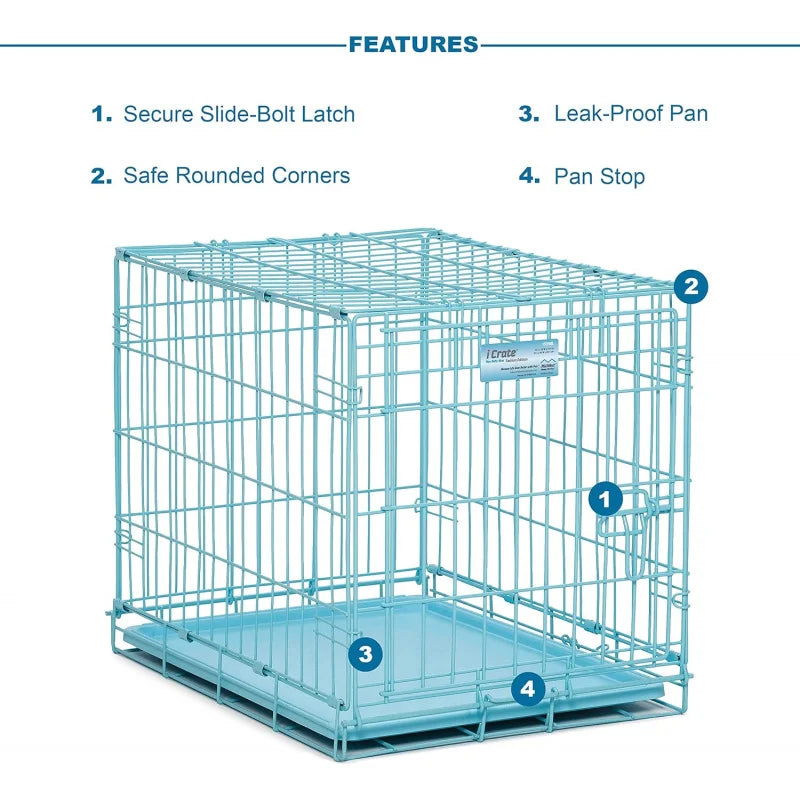 Single Door Blue Folding Metal Dog Crate w/ Divider Panel, Floor Protecting 'Roller' Feet & Leak Proof Plastic Tray