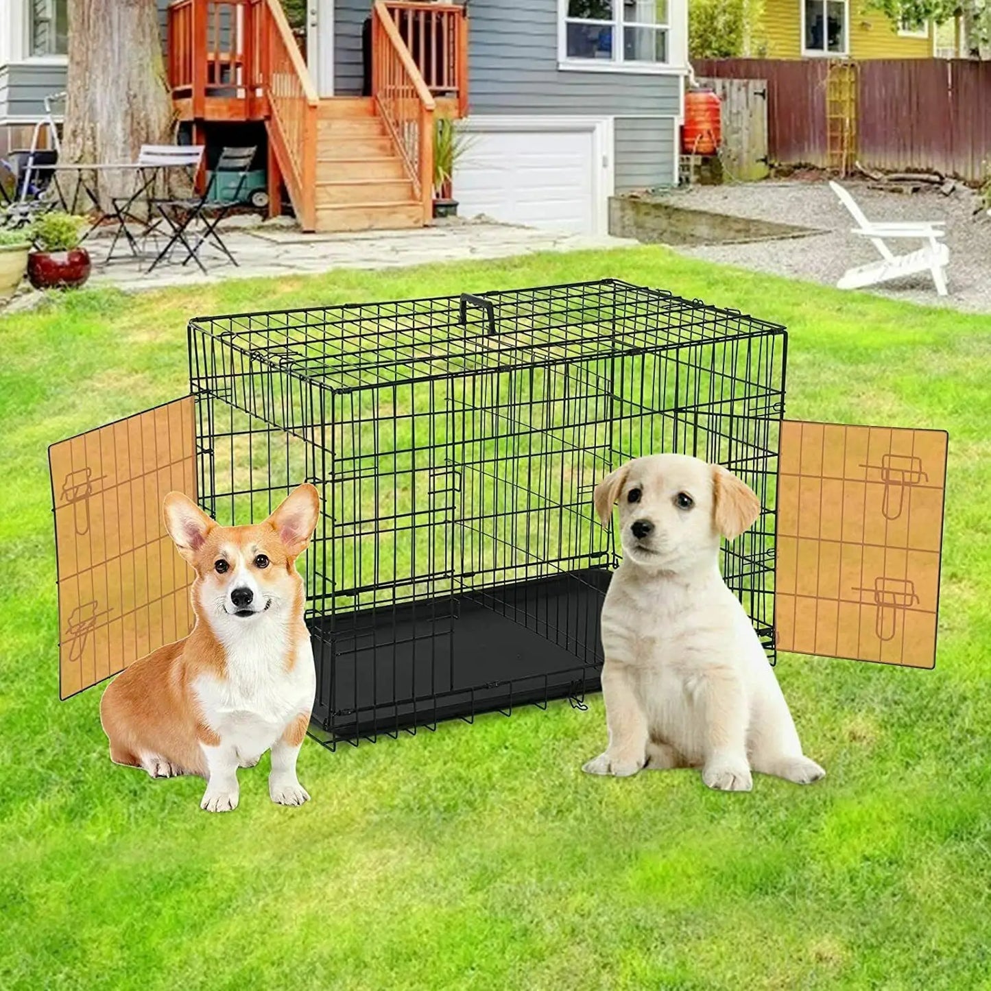US Waterproof Folding Metal Dog Crate Kennel, Double-Door Cages, W/Tray Pen, 36"