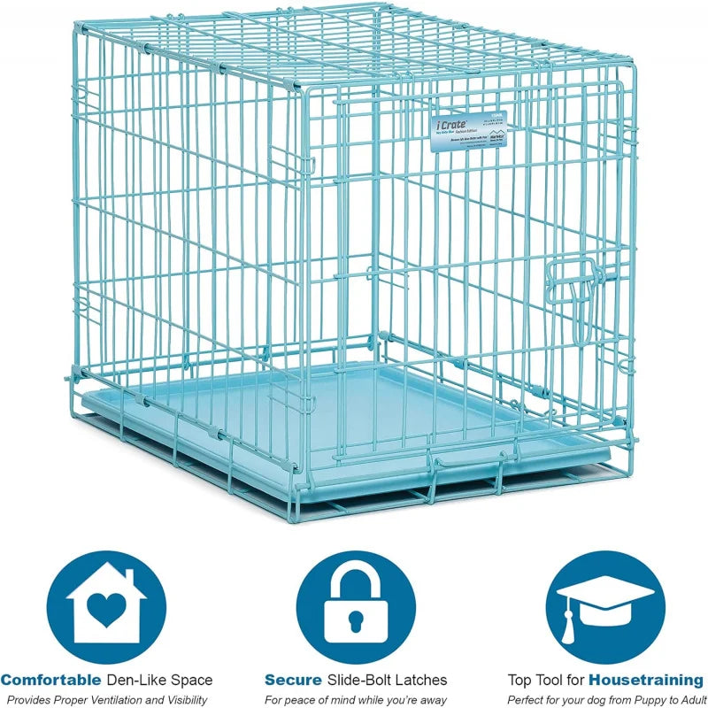 Single Door Blue Folding Metal Dog Crate w/ Divider Panel, Floor Protecting 'Roller' Feet & Leak Proof Plastic Tray