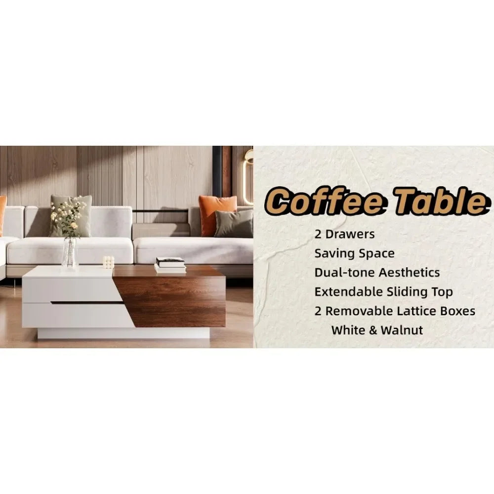 Coffee Table Extendable Sliding Top for Mobile Boxes+4 Partition Spaces Multifunctional Office Bedroom, White/Walnut(Rectangle)