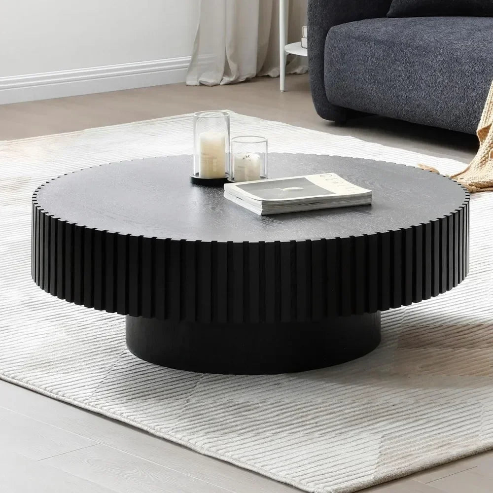 31.49'' Round Coffee Table Wood End Table for Living Room, Modern Contemporary Circle Fluted Drum Side Table, Easy Assembly