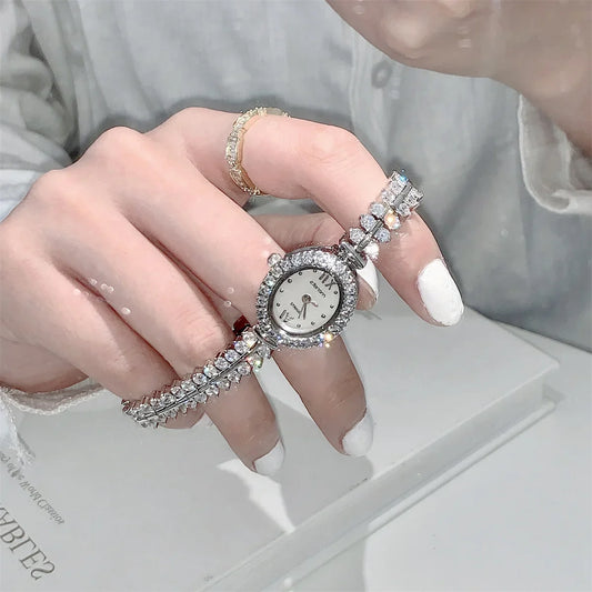 Luxury Quartz Watch Jewelry Women's Watch Prong Setting Cubic Zircon Luxury Full Crystal Mother-of-pearl Lady Clock Girl's Gift