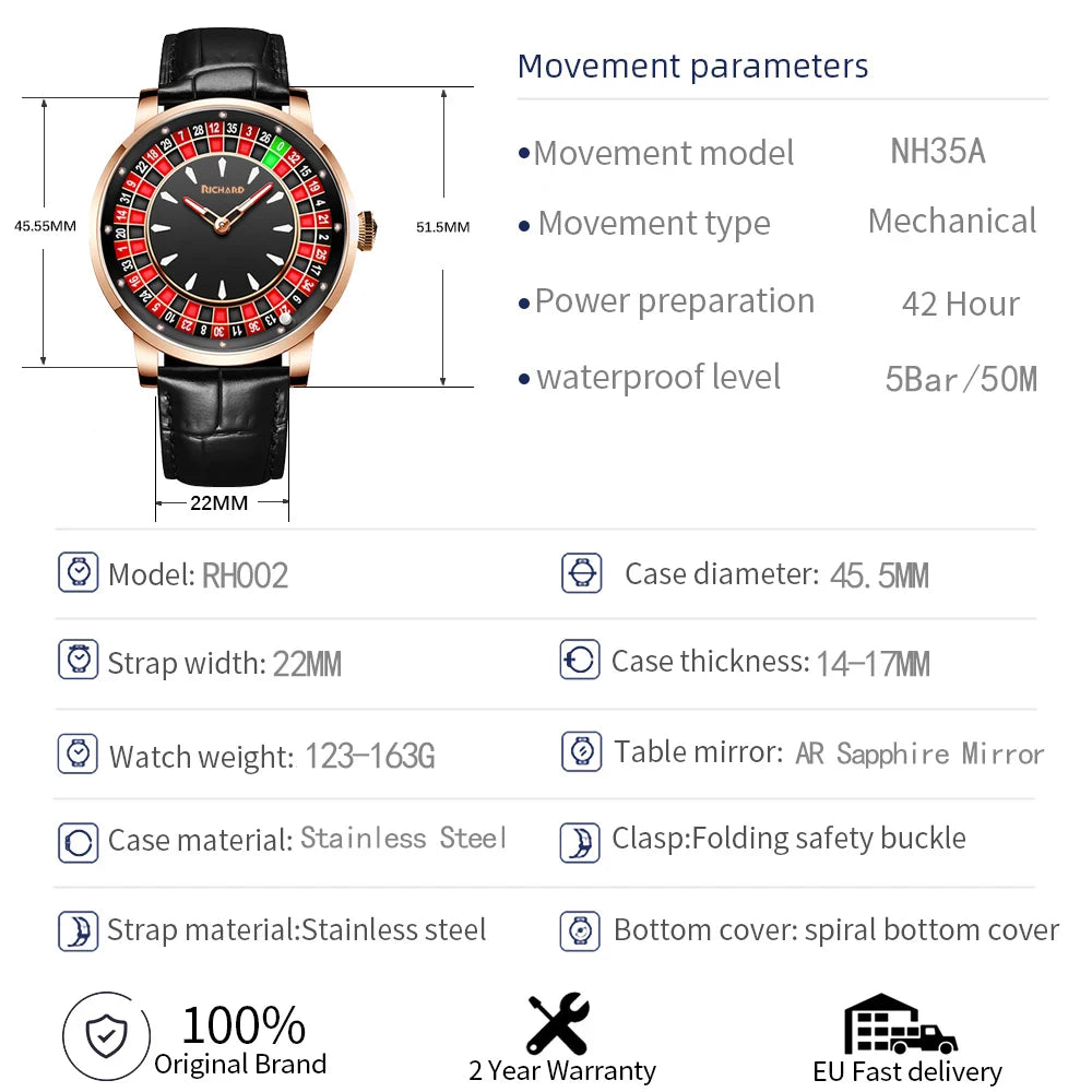 Richard Jacob & Co NH35 Betting Market Mens Mechanical Watches Sapphire Glass Watch Men Top Brands Luxury Wheel Turning  Watches