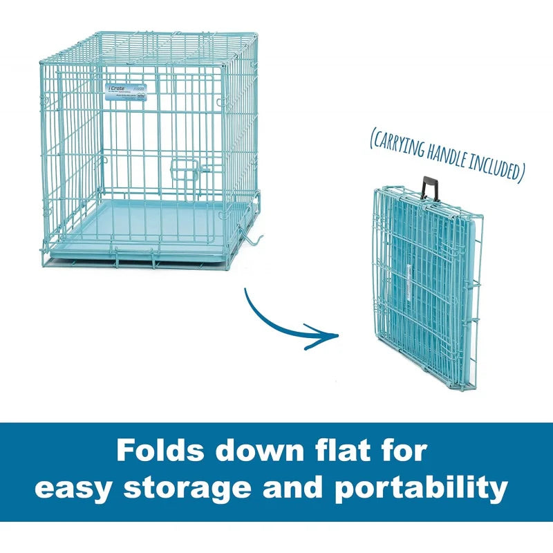 Single Door Blue Folding Metal Dog Crate w/ Divider Panel, Floor Protecting 'Roller' Feet & Leak Proof Plastic Tray