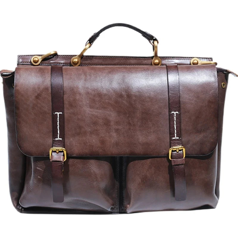 Washed old vegetable tanned cowhide Handbags Men's shoulder messenger bag leather large capacity briefcase 14 inch laptop bags