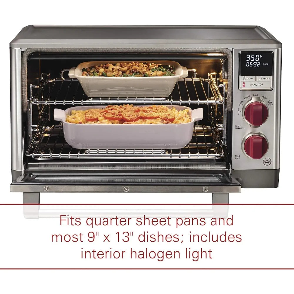 Elite Digital Countertop Convection Toaster Oven with Temperature Probe, Stainless Steel and Red Knobs (WGCO150S)