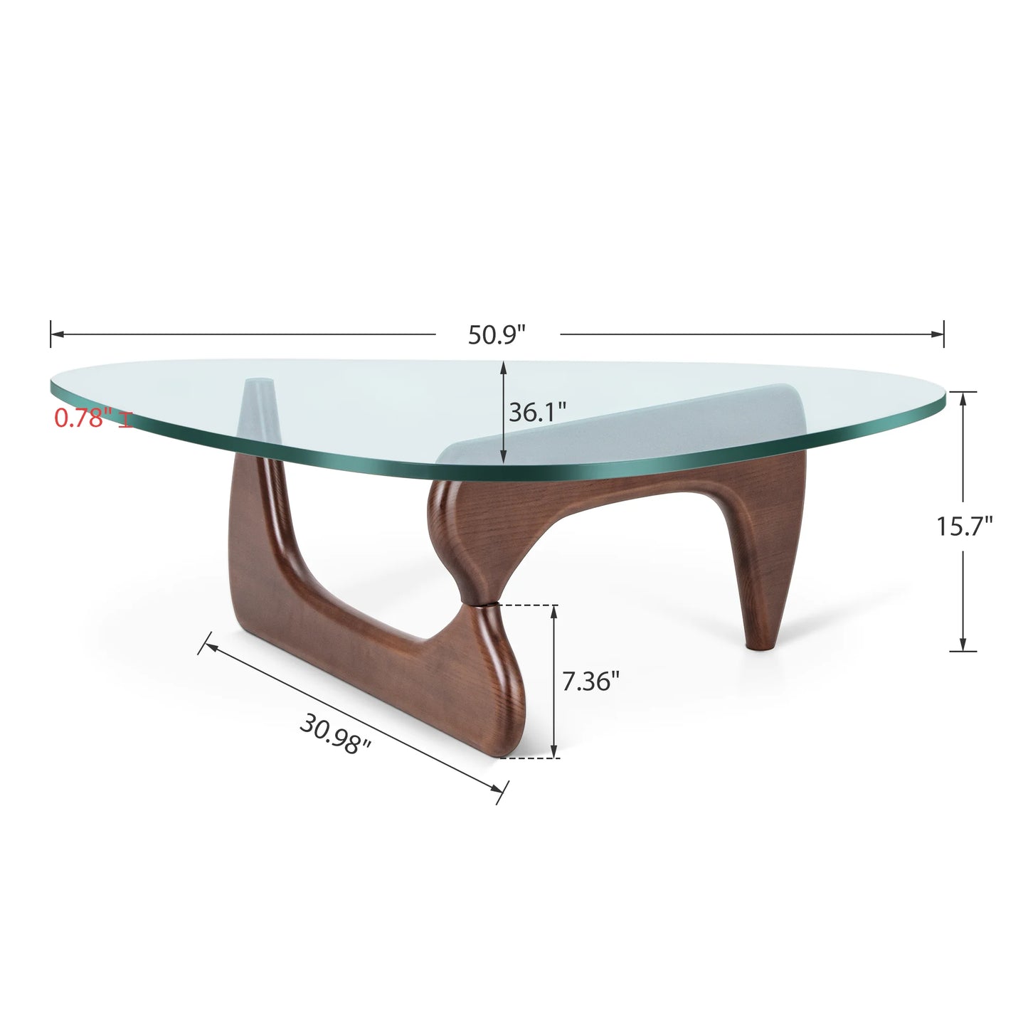 19mm Thick Modern Tempered Coffee Glass Table Vintage End Table Solid Wood Base and Triangle Clear Glass Table for Living Room